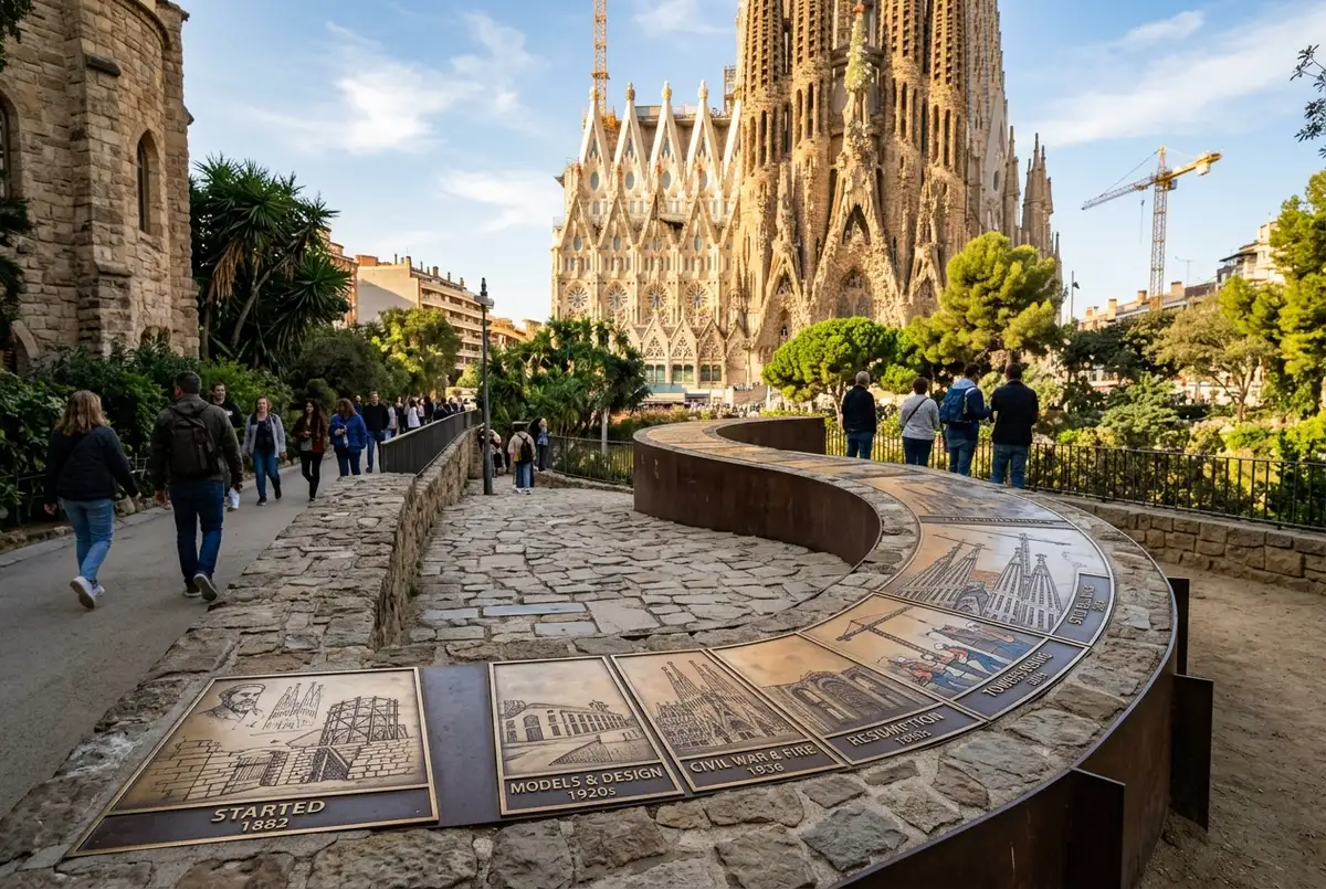 Illustrated timeline graphic depicting interesting facts about la sagrada familia as a path from construction start to today, marked with generic labels like Started, Still Building, and Today