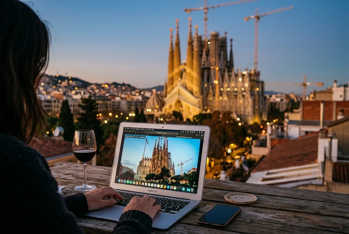 Laptop screen displaying a sagrada familia online camera feed of the exterior towers and cranes, with the actual basilica blurred in the background at dusk