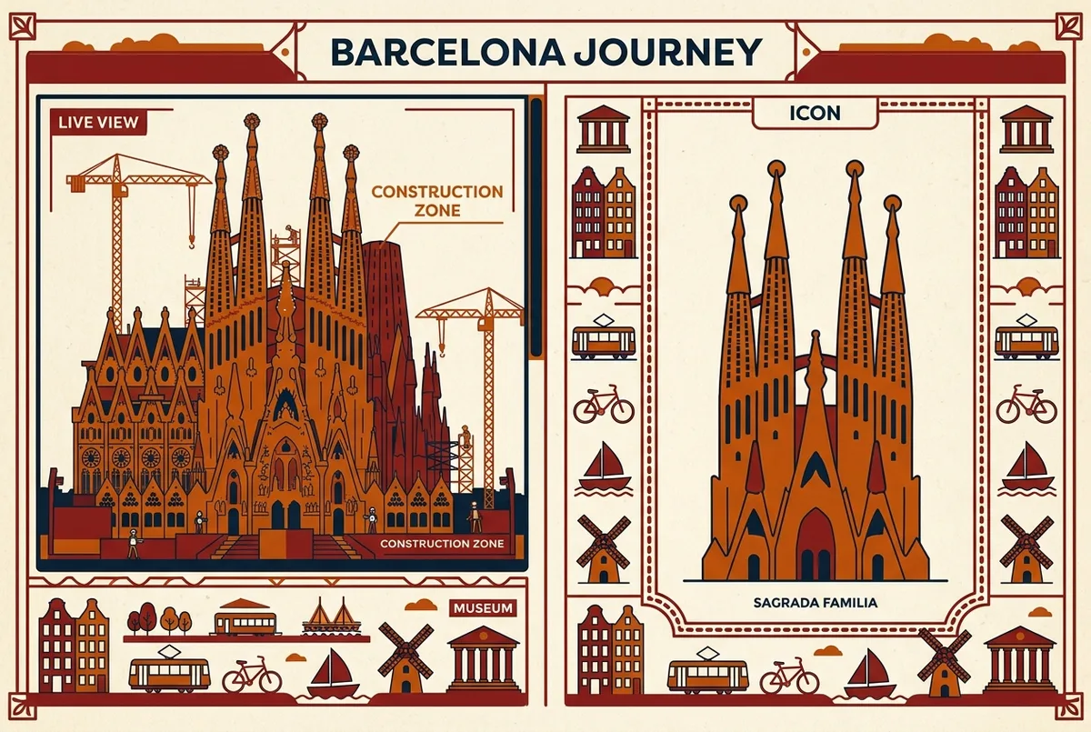Split screen style infographic comparing a sagrada familia online camera exterior view against a simple labeled icon of the towers, framed with generic labels like Live View and Construction Zone