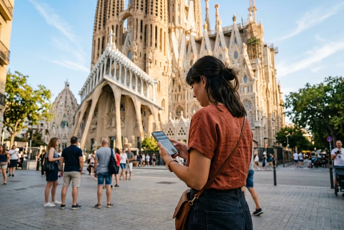 Visitor checking sagrada familia opening hours on a phone outside the basilica's main gate in soft early morning light