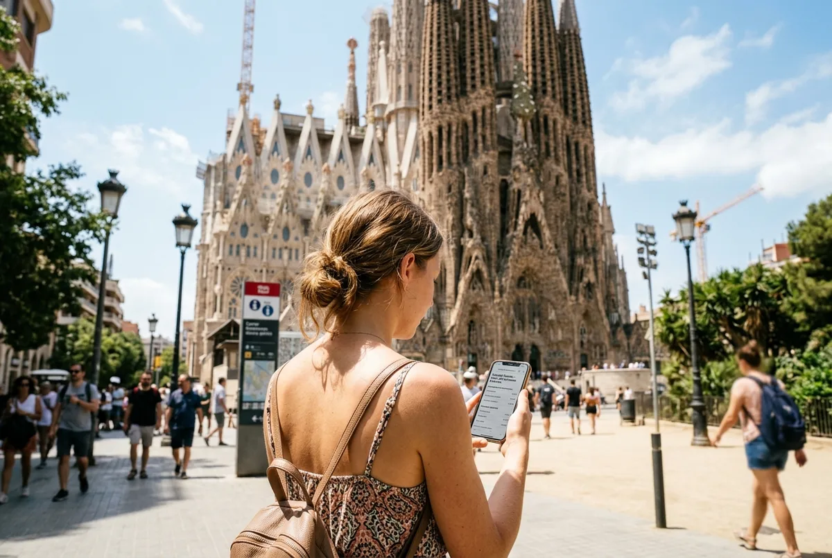 Traveler checking a sagrada familia ticket price list on a phone outside the basilica at midday with the Nativity Facade towers behind them
