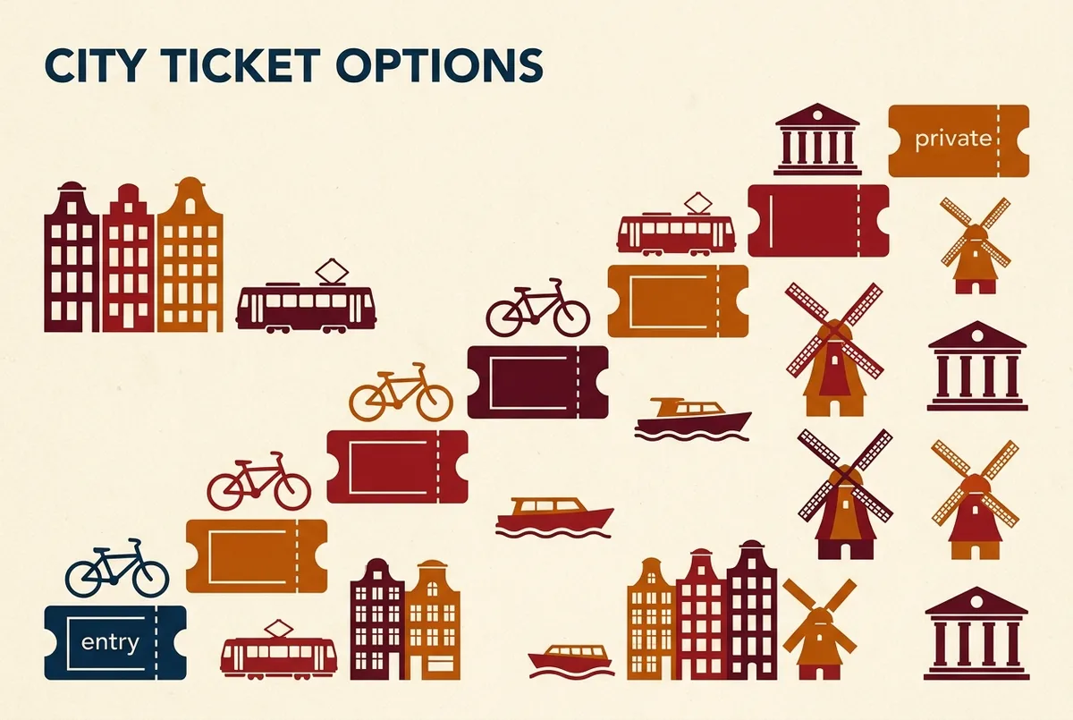 Infographic comparing sagrada familia ticket price tiers from facade only to private architect tour, shown as a rising staircase of ticket icons labeled entry, guided, tower and private