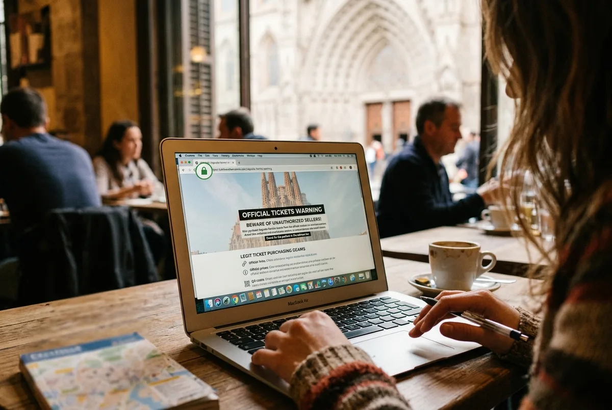 Close-up van een reiziger die een sagrada familia tickets betrouwbaar waarschuwingssignaal checkt op een laptopscherm, met een slotje-icoon in de adresbalk van de browser