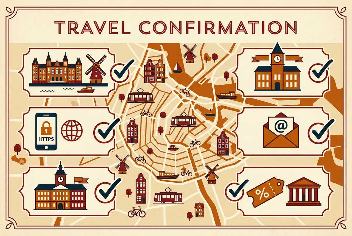 Eenvoudige checklist infografiek om sagrada familia tickets betrouwbaar te bevestigen, met HTTPS slotje, benoemd bedrijf, bevestigingsmail en overeenkomende prijs