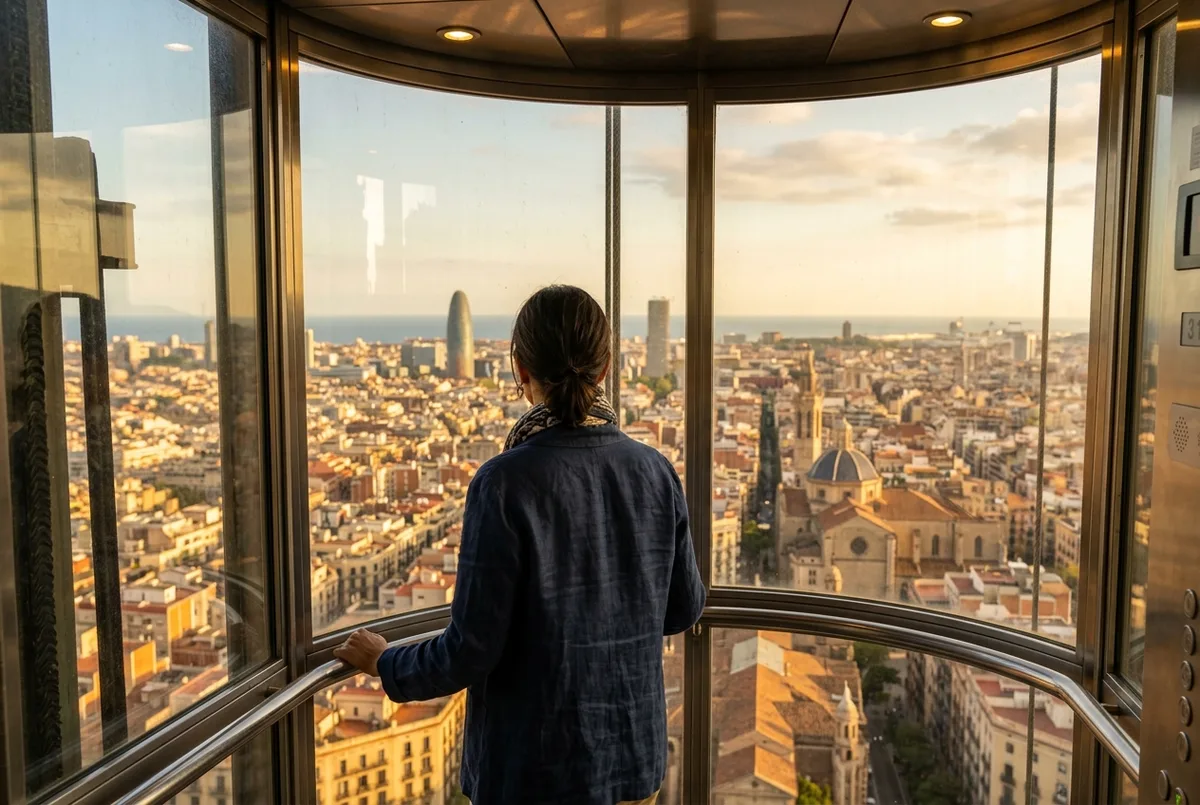 Visitor riding the sagrada familia tower tickets elevator with panoramic Barcelona rooftops visible through the cabin window at golden hour