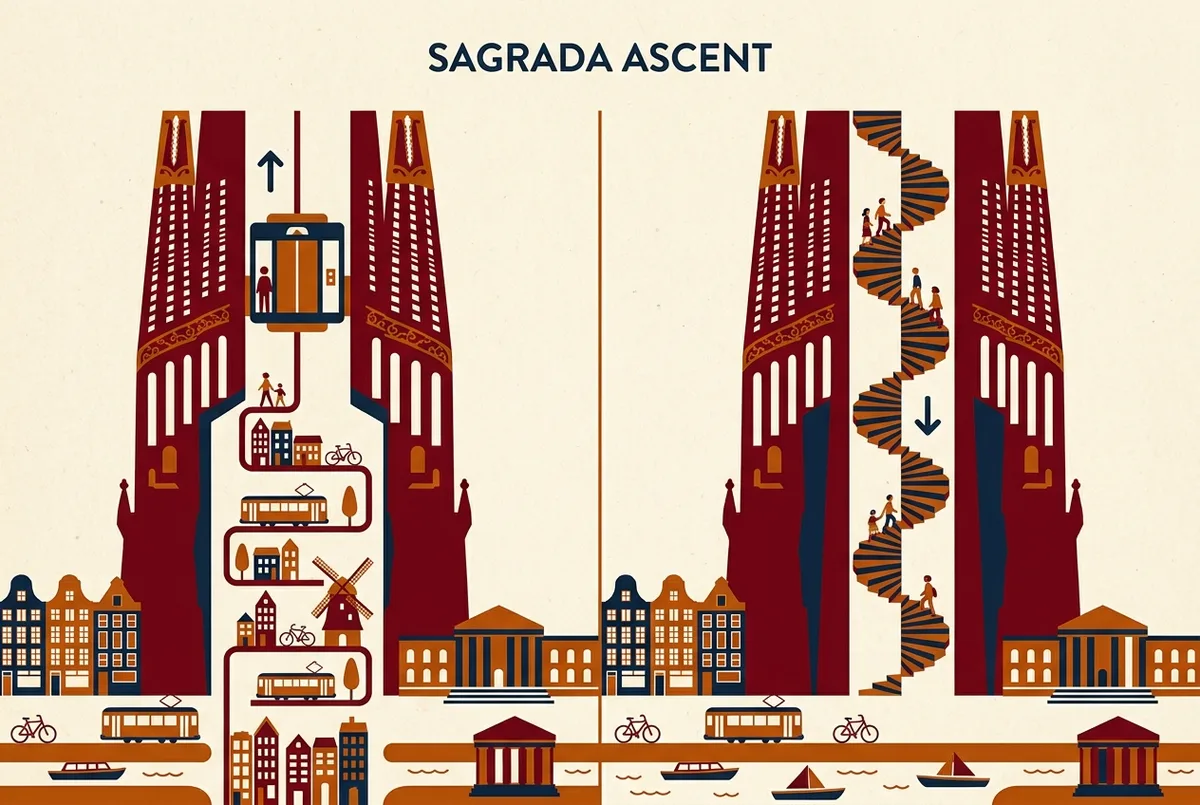 Side by side comparison graphic of a sagrada familia tower access elevator ride going up beside a narrow spiral staircase going down, labeled with approximate time for each
