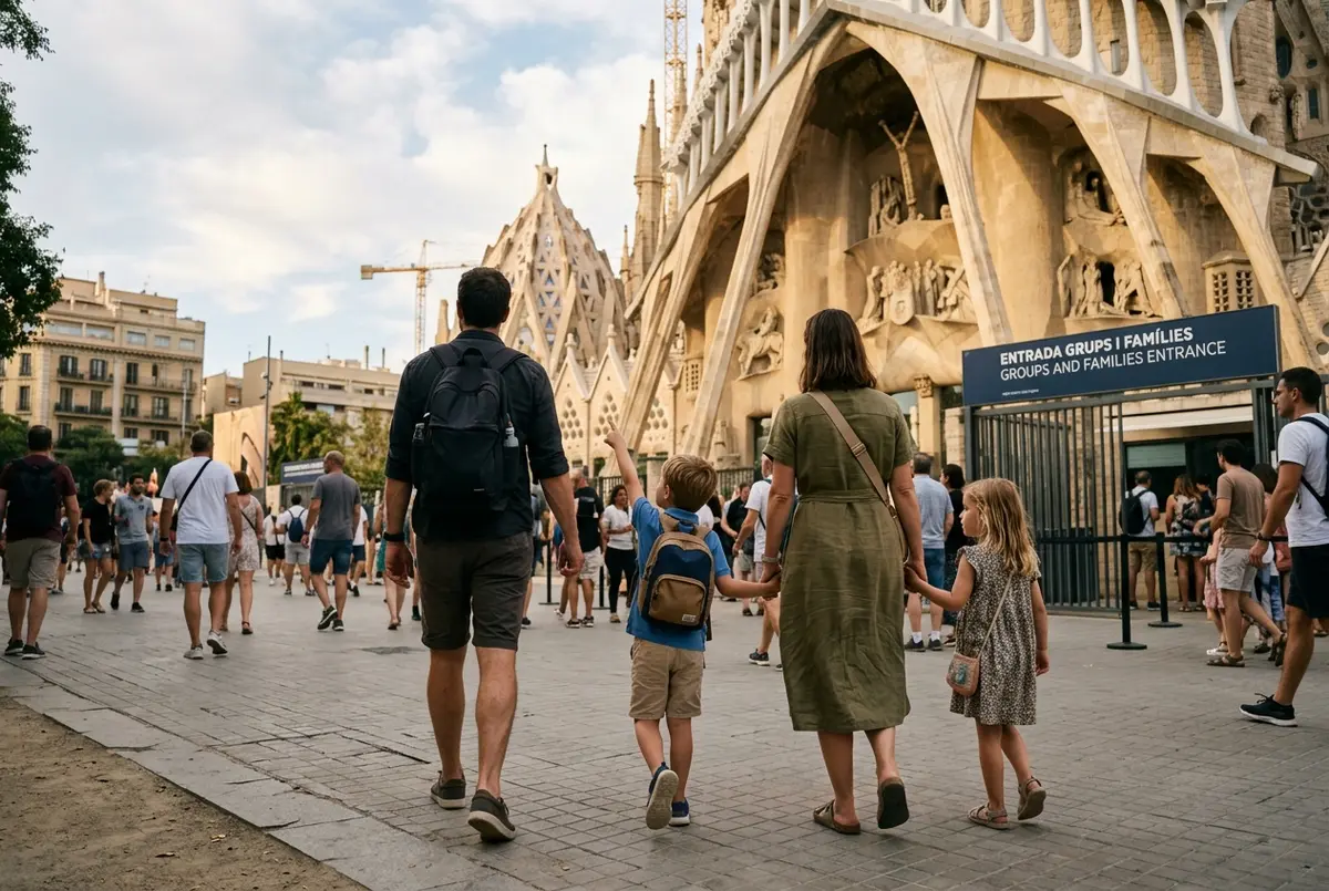 Parents walking with two young children toward the sagrada familia family ticket entrance, one child pointing up at the Nativity Facade towers
