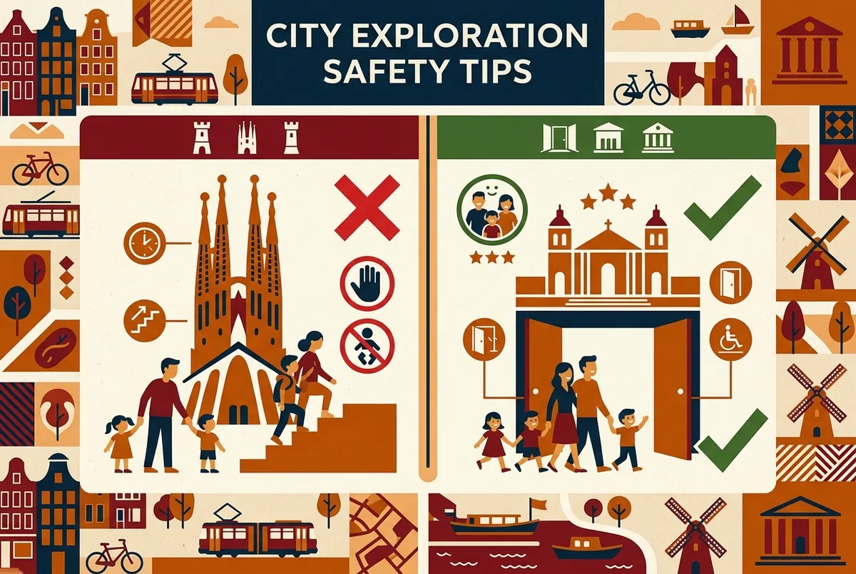 Simple safety comparison graphic showing sagrada familia tower with kids access on one side, marked not recommended for young children, next to the ground-floor basilica visit marked family friendly