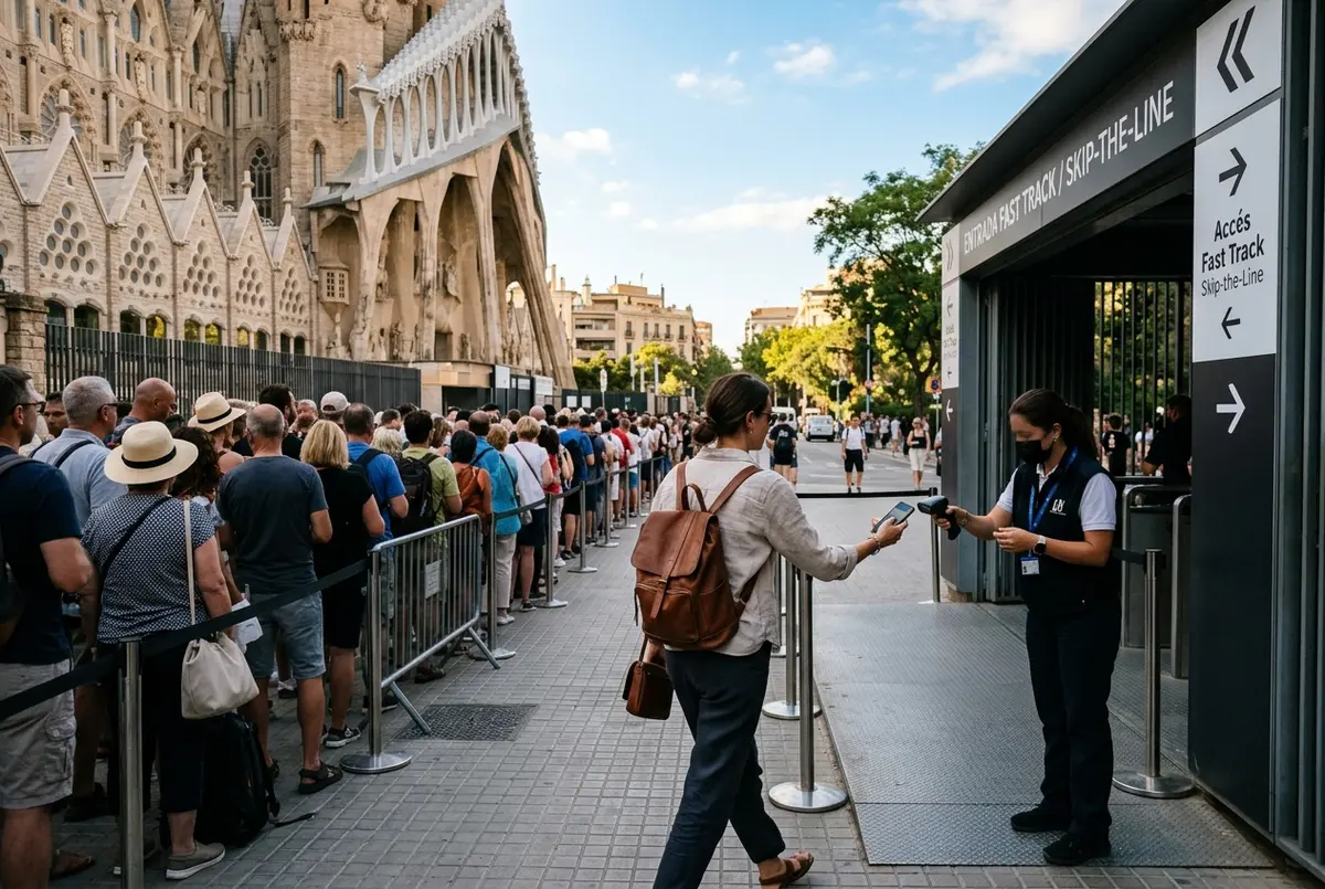 Traveler walking past a long general admission queue directly into the sagrada familia skip the line fast track entrance with staff checking a phone ticket