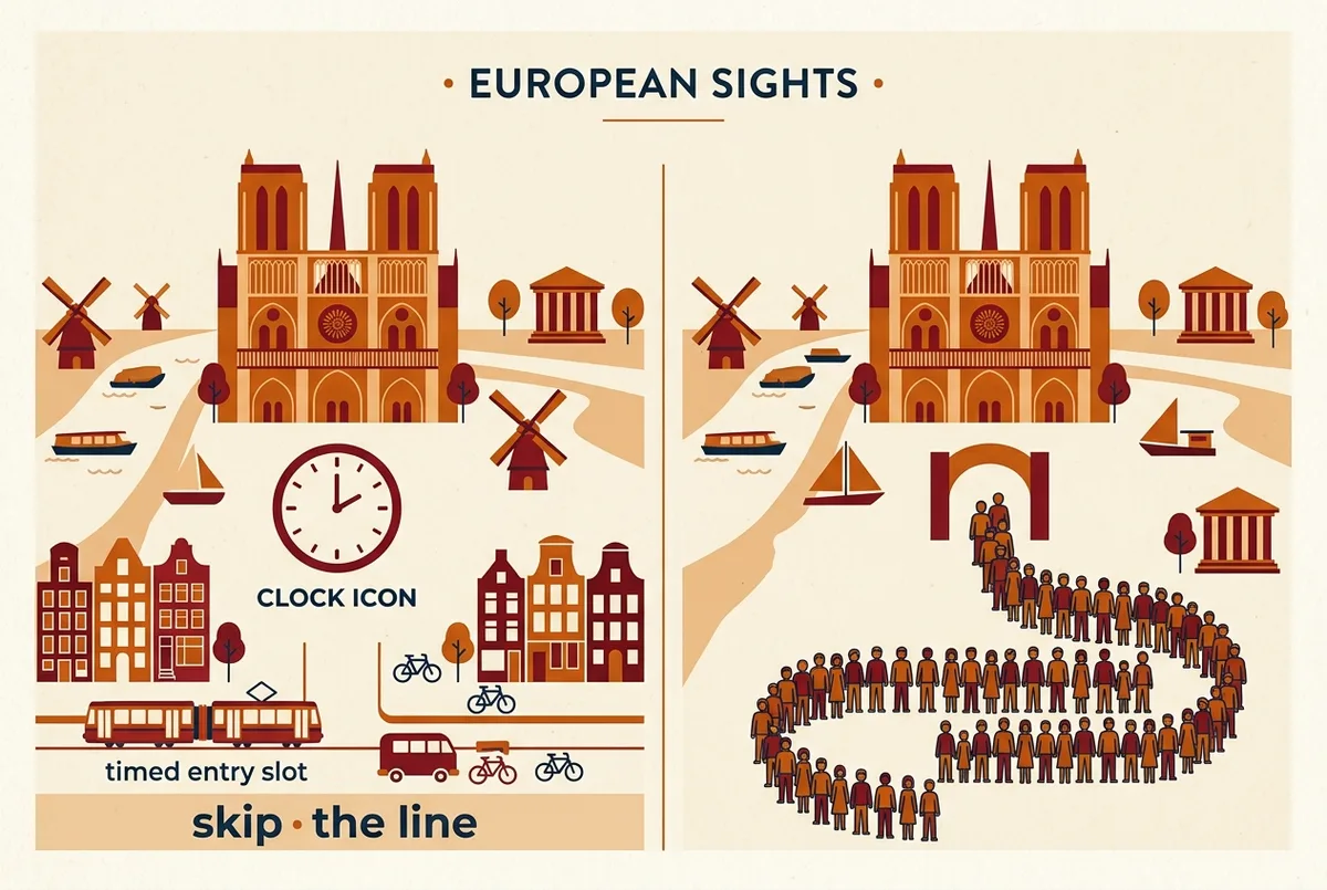 Comparison graphic showing the sagrada familia skip the line entrance beside a long general admission queue, with a clock icon marking the timed entry slot