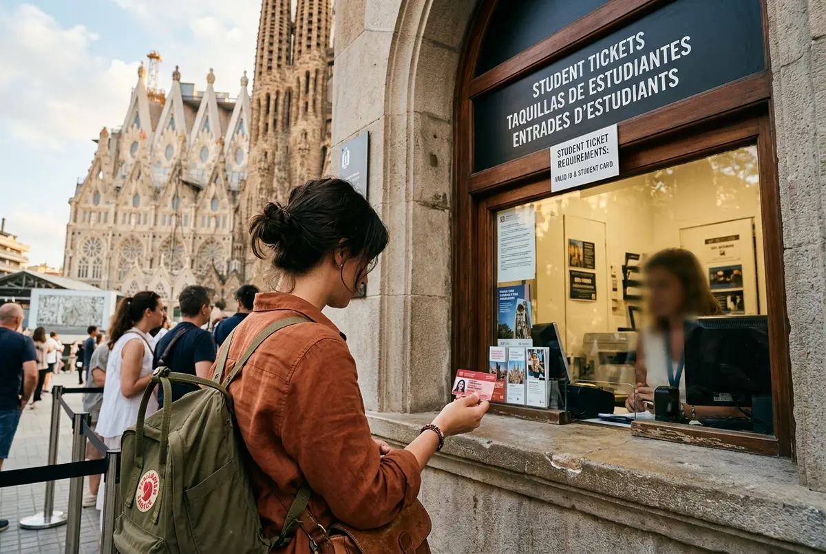 Traveler holding a student ID card next to a sagrada familia student tickets counter window at the official box office entrance