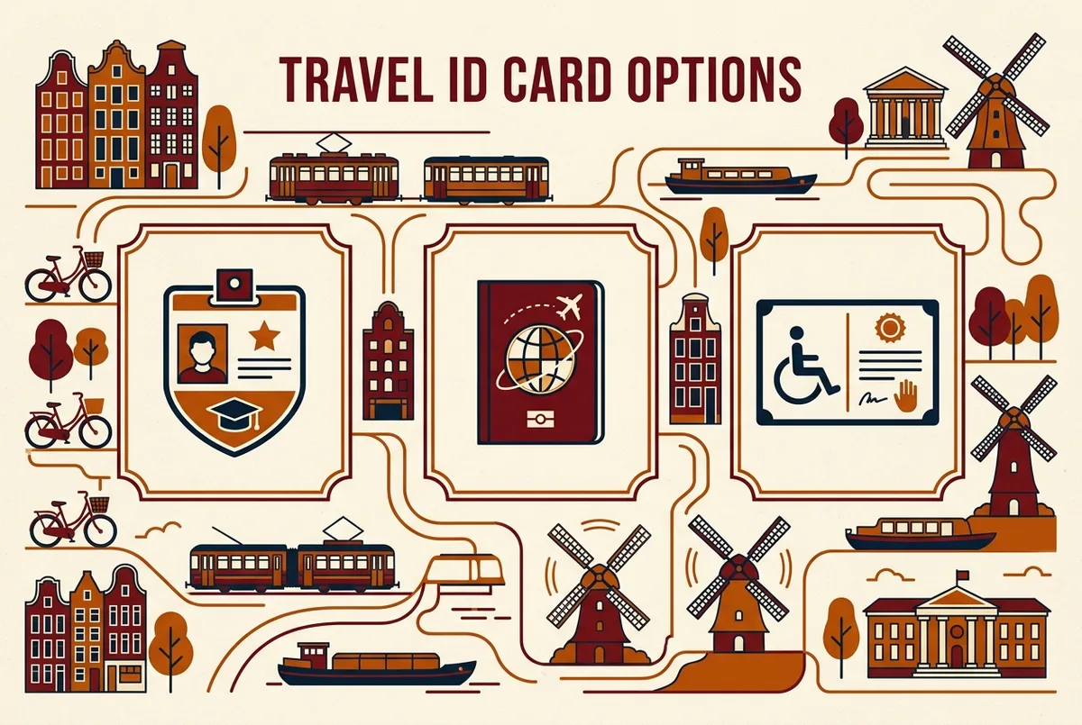 Infographic checklist of accepted ID types for sagrada familia student tickets and senior discounts, showing a student card, passport and disability certificate icon