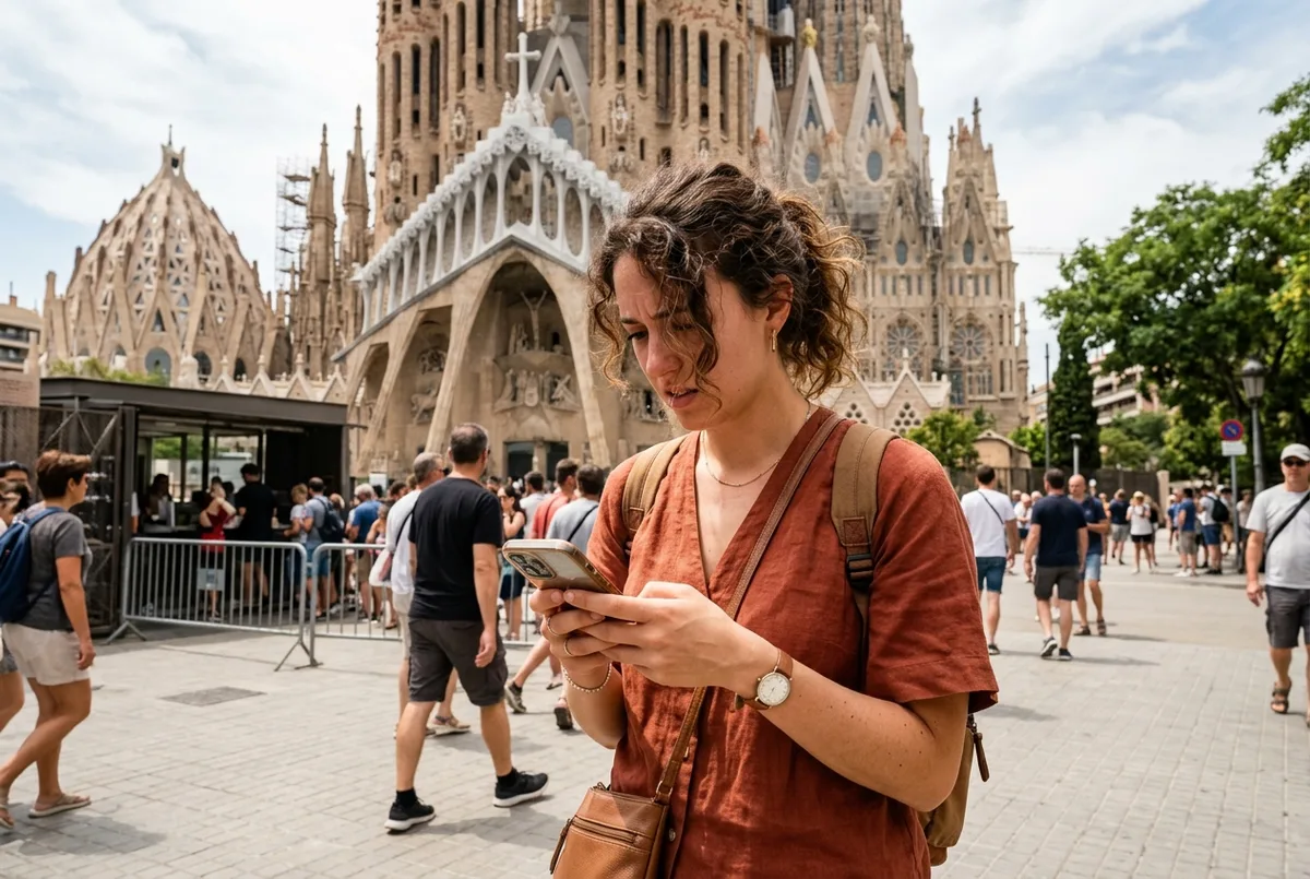 Viaggiatore che controlla sullo smartphone la disponibilità di biglietti sagrada familia esauriti fuori dalla basilica al tramonto, cercando un'alternativa last minute