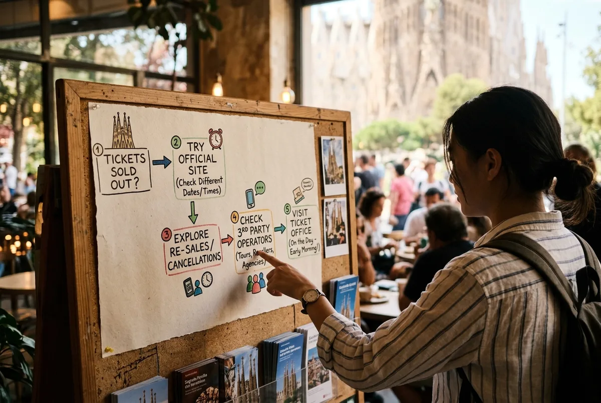 Simple flowchart showing what to try next when sagrada familia tickets sold out, moving from official site to different time slot to third party operator to on the day options