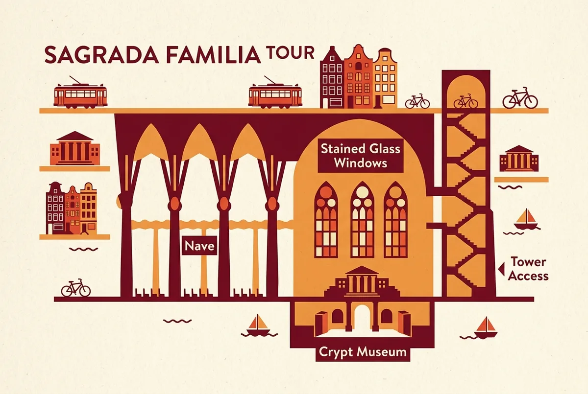 Simple layout infographic previewing a sagrada familia inside tour, with generic labeled zones for Nave, Stained Glass Windows, Crypt Museum, and Tower Access