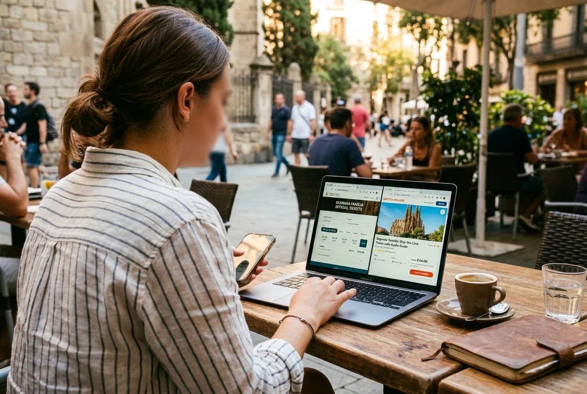 Traveler comparing the sagrada familia tickets official website and a getyourguide sagrada familia listing side by side on a laptop at a Barcelona cafe table