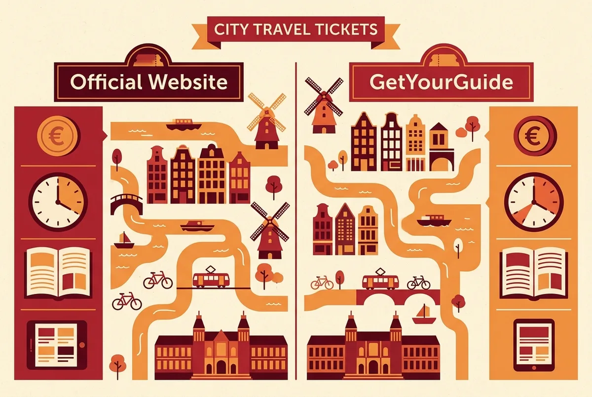 Comparison infographic showing where to buy sagrada familia tickets, official website versus GetYourGuide, with simple columns for price, availability window and format variety
