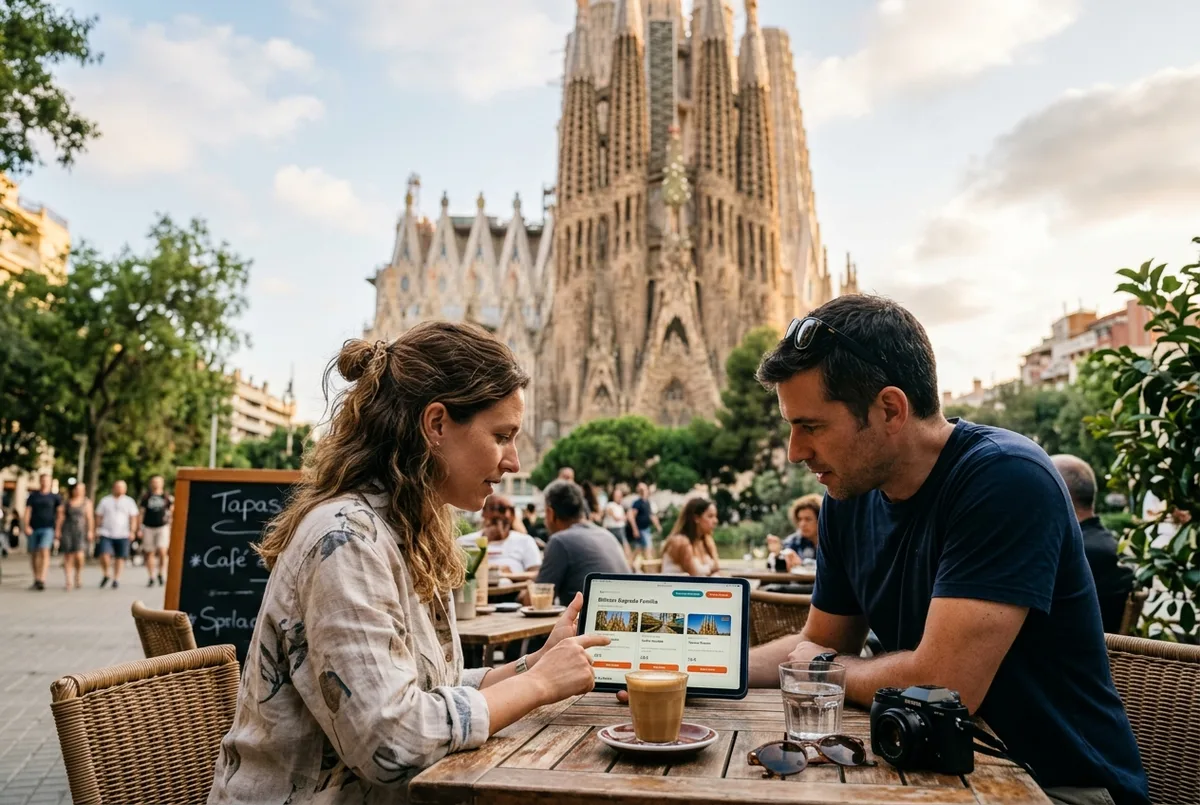Couple comparing best tickets for sagrada familia options on a tablet at an outdoor Barcelona cafe table with the basilica spires visible behind them