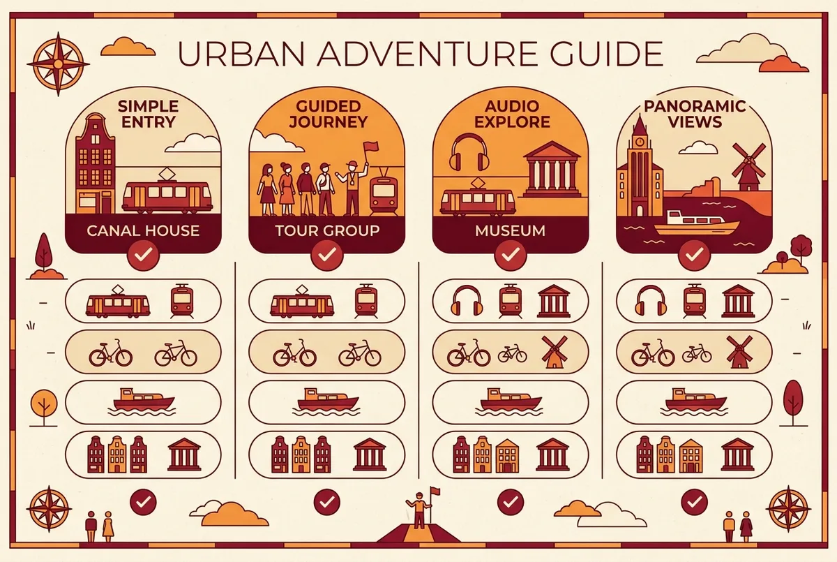Decision matrix infographic comparing best tickets for sagrada familia across entry only, guided tour, audio guide and tower access columns with checkmark icons