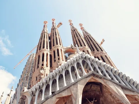 Interior de la Sagrada Familia con columnas con forma de árbol en la visita guiada sin colas